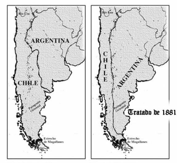 Antes do tratado de 1881 o Chile ainda reinvidicava o controle de boa parte da Patagônia, incluindo todo o cone sul do continente (imagem da Internet)